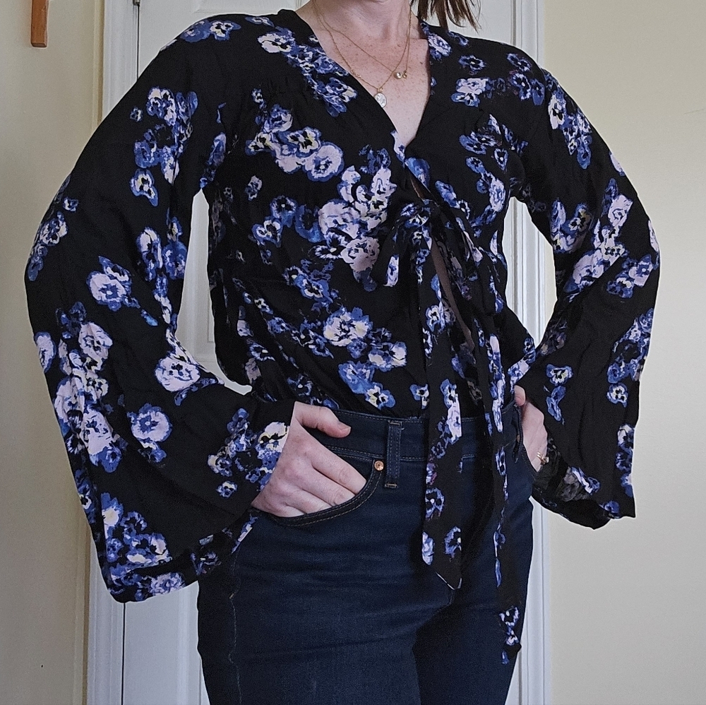 Free People Intimates Floral Bodysuit - Black and Blue Boho Feminine